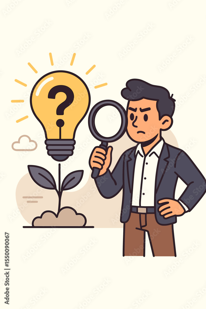 Businessman analyzing startup idea validation with magnifying glass, lightbulb question mark concept, evaluating innovation, creative problem solving, business development, vector illustration Businessman analyzing startup idea validation with magnifying glass, lightbulb question mark concept, evaluating innovation, creative problem solving, business development, vector illustration