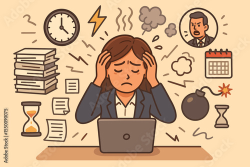 Overwhelmed businesswoman at desk with laptop surrounded by paperwork, deadlines, stress icons, workload, burnout, time management crisis, pressure, emotional exhaustion, office anxiety concept vector