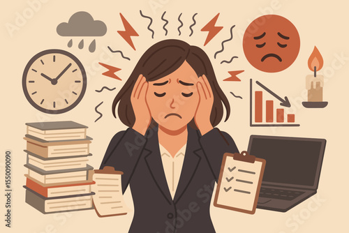 Overwhelmed businesswoman stress illustration. Office burnout concept. Female employee surrounded by deadline, documents, tasks, sad emotion, pressure, anxiety, depression, workload vector