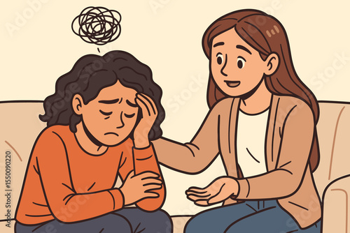 Female friend comforting depressed woman. Emotional support, empathy, mental health counseling, stress relief, anxiety, psychotherapy session. Caring conversation vector illustration on sofa