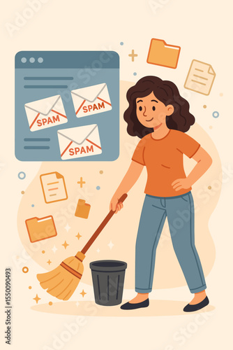 Woman cleaning digital clutter, deleting spam emails, removing unnecessary files, purging inbox, organizing documents, junk mail management, email cleanup, digital hygiene, cartoon vector illustration
