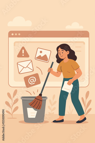 Woman organizing digital space, cleaning inbox, deleting spam emails, sorting files, managing emails, removing junk mail, data declutter, productivity, digital organization, flat vector illustration