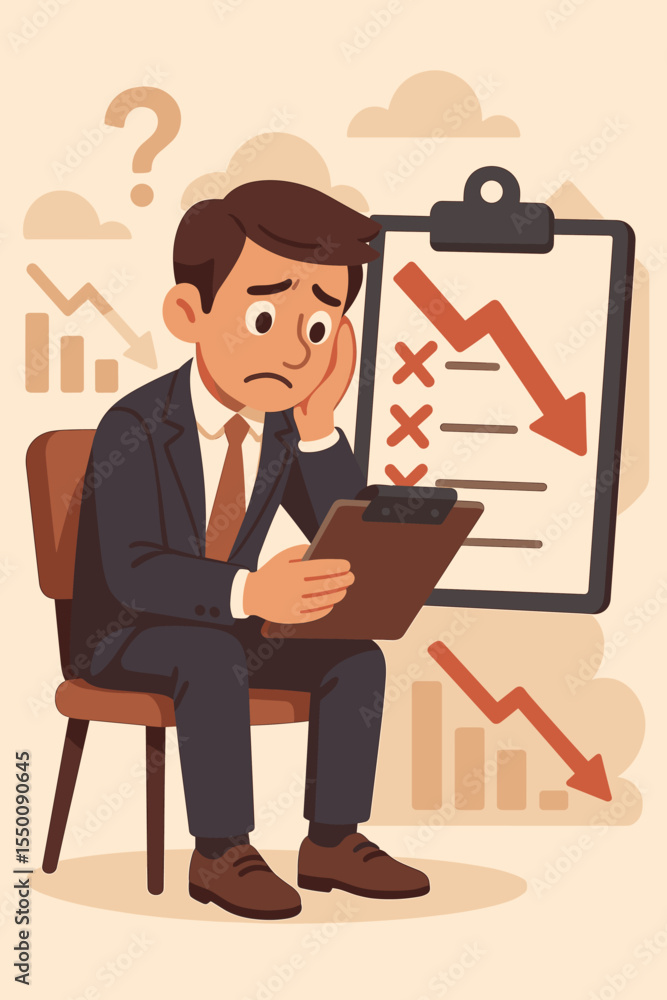 Fototapeta premium Stressed businessman analyzing financial failure and management checklist, reflecting on leadership crisis, corporate loss, business downturn, and career difficulties. Vector cartoon illustration