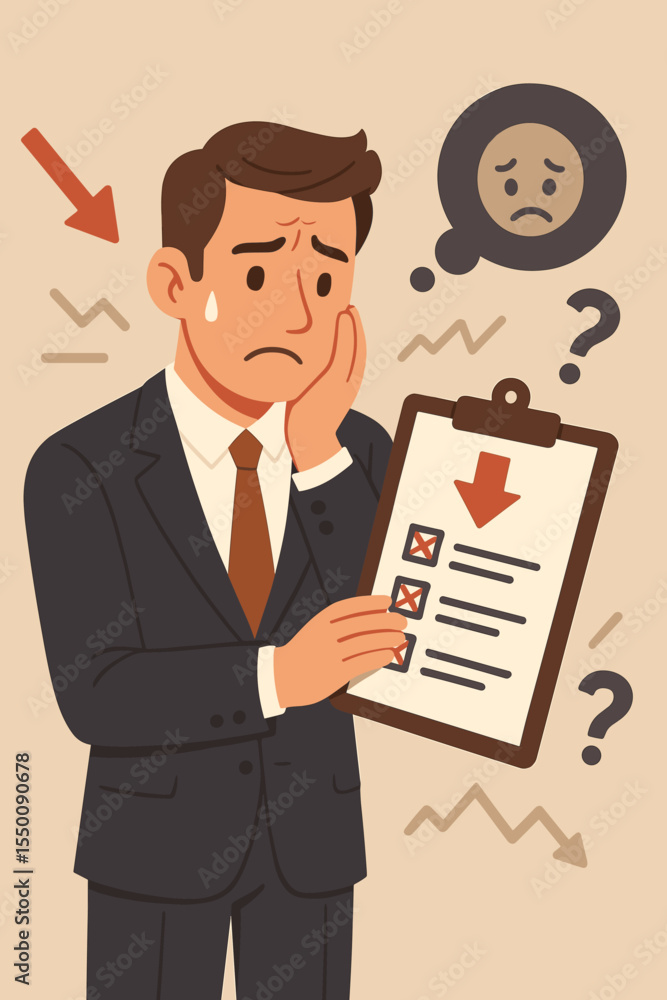 Worried businessman reviewing failure checklist and reflecting on leadership and career challenges, stress and confusion concept with downward trend arrow and question marks vector illustration Worried businessman reviewing failure checklist and reflecting on leadership and career challenges, stress and confusion concept with downward trend arrow and question marks vector illustration