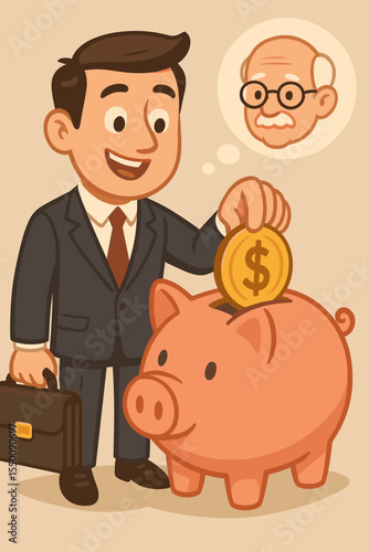 Businessman putting coin in piggy bank, planning for retirement. Future savings and investment concept. Man thinking about old age pension. Financial security vector illustration.