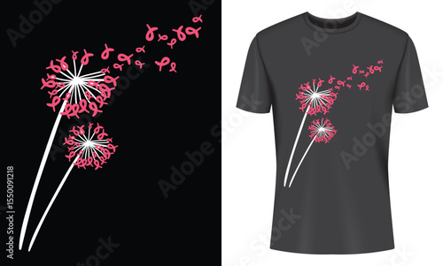 Breast Cancer Awareness Dandelion Design on Black T Shirt with Black Background