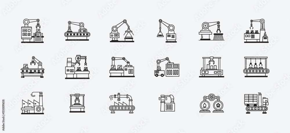 Industrial Automation Robotic Arms Manufacturing Process Line Icons Industrial Automation Robotic Arms Manufacturing Process Line Icons