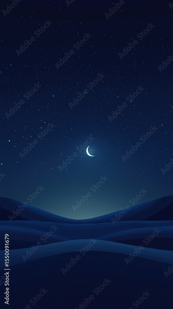Night landscape with crescent moon and stars Night landscape with crescent moon and stars