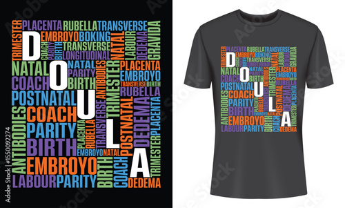 Doula T Shirt Design Featuring Pregnancy and Childbirth Related Terms in a Word Cloud