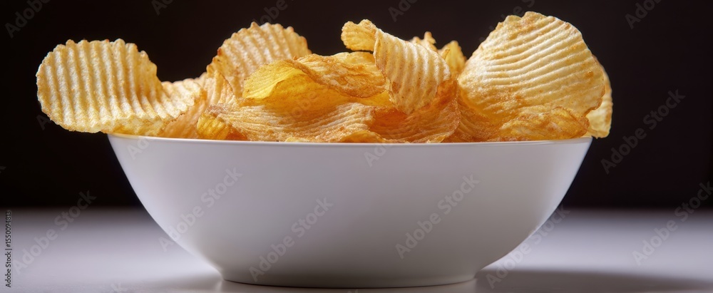 The golden crispy chips in a pristine white bowl. The golden crispy chips in a pristine white bowl.