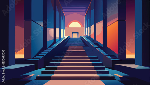 A captivating long interior hallway of an old temple with light trails on a bridge-like design, illuminated by the night
