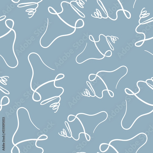 Pattern with spiral shells in a minimalist, hand-drawn style on a blue background arranged randomly, for various summer designs