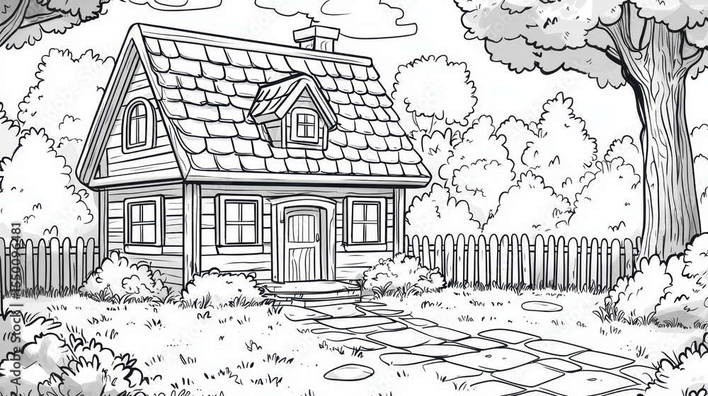 Obraz premium Cozy cottage surrounded by greenery with a stone pathway and wooden fence on a sunny day