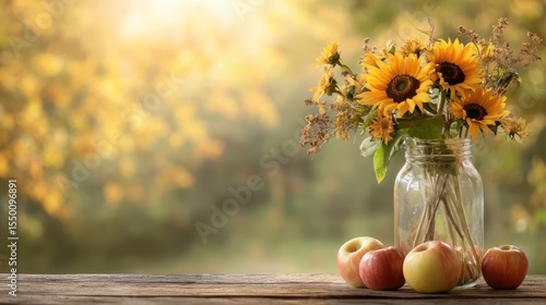 This charming arrangement features bright sunflowers in a mason jar surrounded by fresh apples, capturing the warmth and beauty of a sunny autumn day in a natural setting.