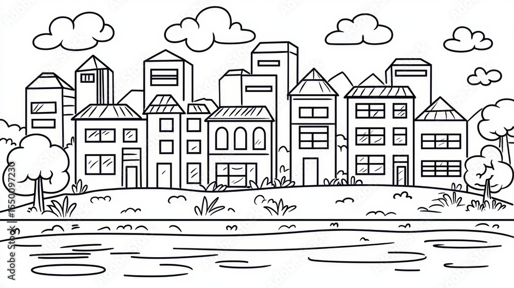 Obraz premium Cityscape drawing with houses, trees, and water beside a serene urban setting