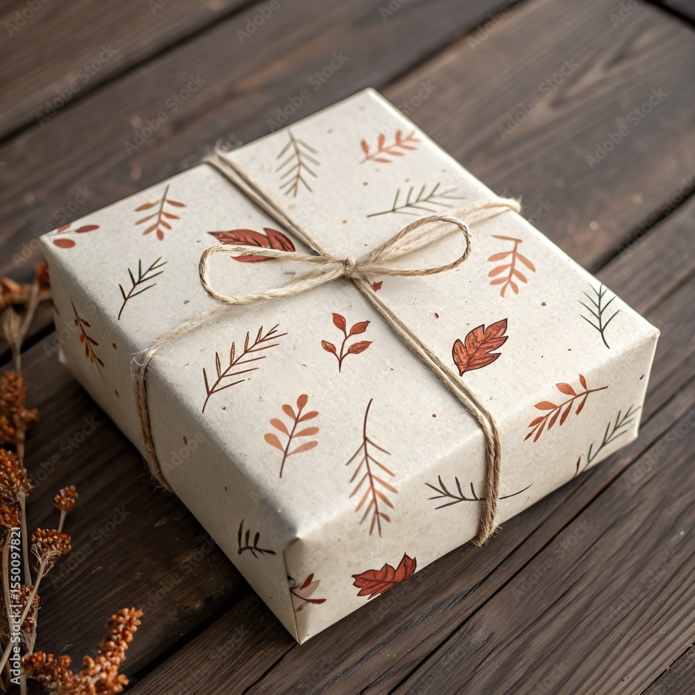 Gift box wrapped in autumn leaf patterned paper tied with twine on a wooden surface Gift box wrapped in autumn leaf patterned paper tied with twine on a wooden surface