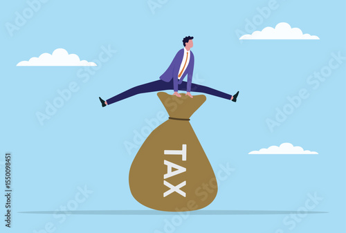 Vector illustration of a businessman jumping over a giant tax sack, symbolizing efforts to bypass heavy tax burdens, overcome financial obstacles, and achieve business success
