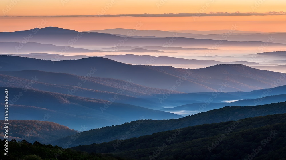Fototapeta premium Serene mountain layers bathed in warm sunrise hues with gentle morning mist