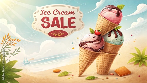 Ice cream sale poster with multiple scoops stacked high, bright summer background, large discount tag in the corner