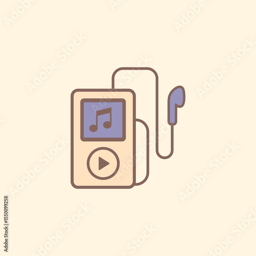 Flat icon of MP3 player and earbuds used for listening to relaxing music, white noise, or guided meditation during bedtime or self-care moments
