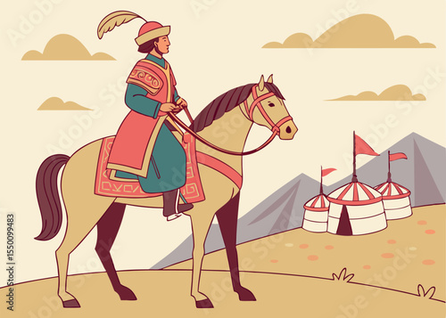 Man in Traditional Clothing Riding Beige Horse Near Yurts