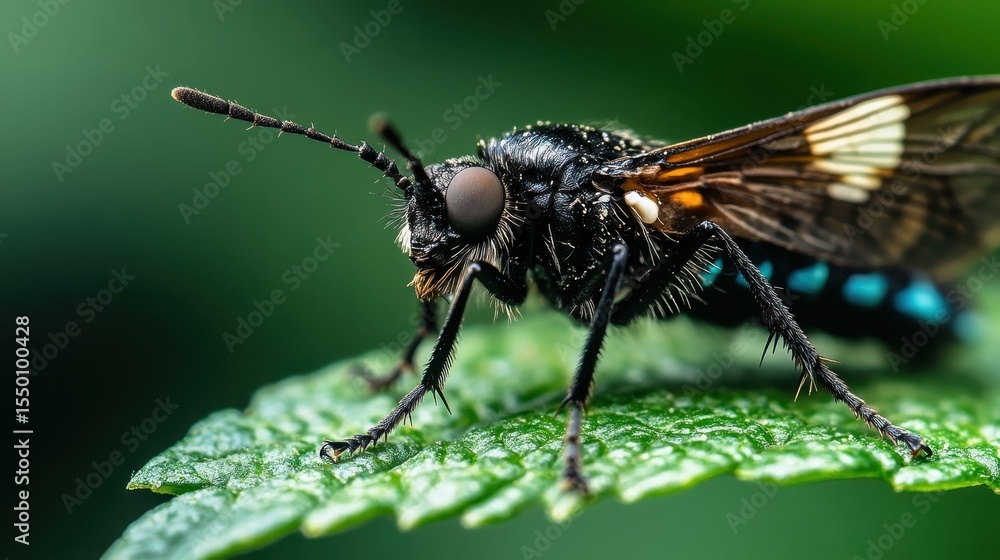 Naklejka premium This detailed macro shot captures a striking black insect resting on a vibrant green leaf, highlighting the beauty of nature and the intricate details of insects.