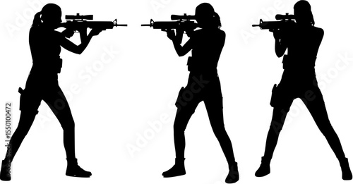Silhouette of a woman aiming an assault rifle with a scope.
