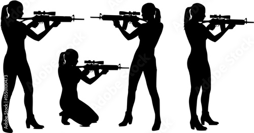 Silhouette of a woman aiming an assault rifle with a scope.
