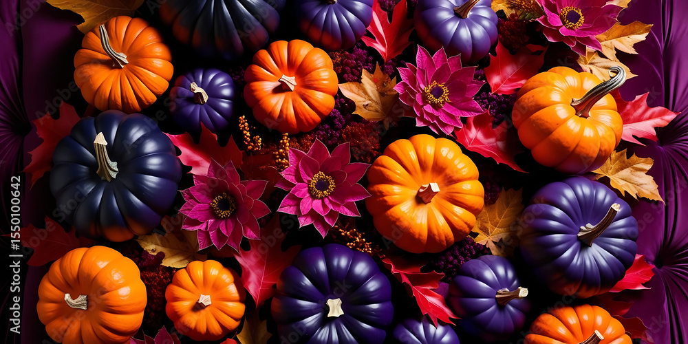 custom made wallpaper toronto digitalVibrant Orange and Purple Pumpkins with Colorful Leaves and Flowers

