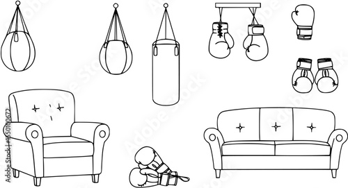 Boxing gloves. Equipment for fight competition, hanging and protection hand. Vector illustration
