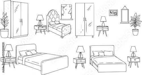 Cozy bedroom with furniture line art interior scene isolated on white background. Home room with black silhouete of bed wardrobe nightstands mirror lamp in linear style. Vector illustration.