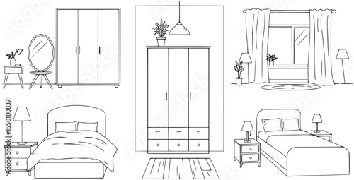 Cozy bedroom with furniture line art interior scene isolated on white background. Home room with black silhouete of bed wardrobe nightstands mirror lamp in linear style. Vector illustration.