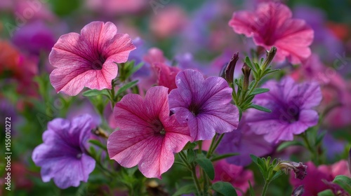 A colorful display of petunias fills the garden, with blossoms in shades of pink and purple indicating the joyful arrival of spring. Bees buzz around, enhancing the lively atmosphere.