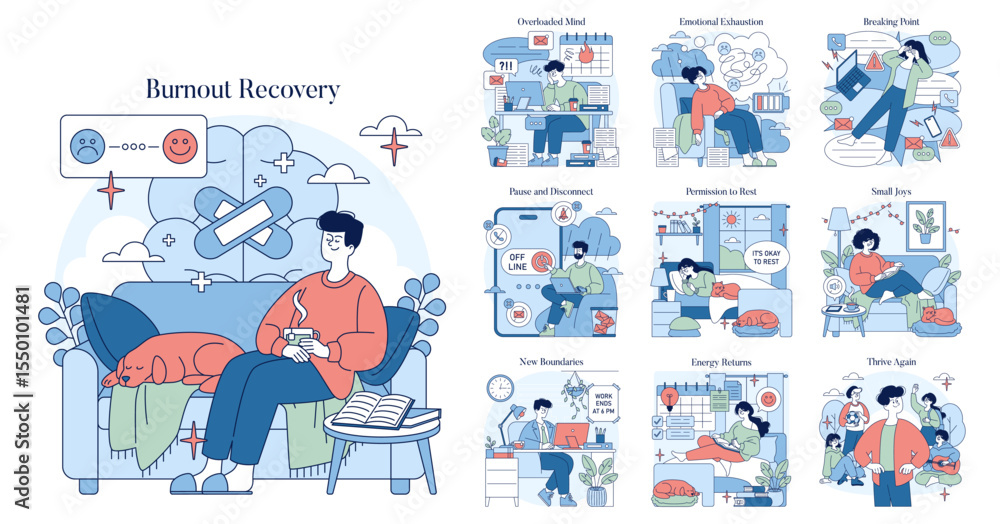 Obraz premium Burnout Recovery Illustrated with Relaxation Steps