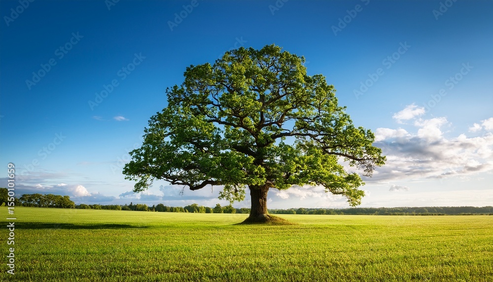 Fototapeta premium single big oak tree in field with perfect treetop