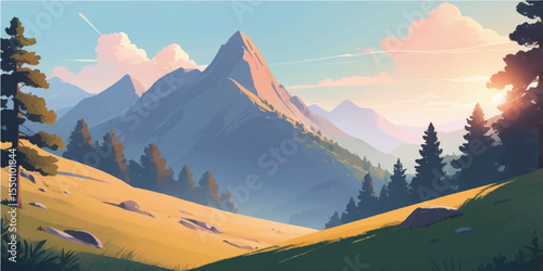 Panoramic winter mountain landscape with a fiery sunrise over snow-capped peaks and an expansive sky