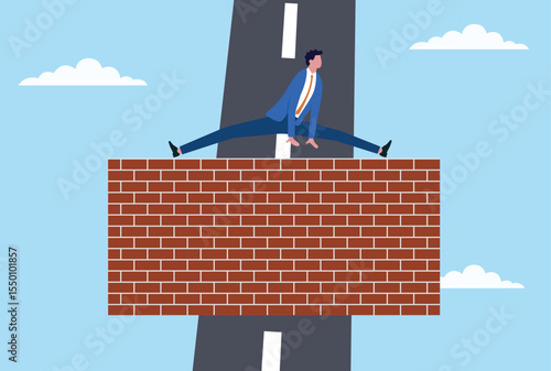 Vector illustration of a businessman jumping over a brick wall, symbolizing breaking through barriers, overcoming obstacles, and striving for success despite challenges
