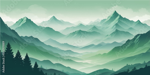 Sunrise over a panoramic mountain landscape with fog and snow-capped peaks under a blue sky