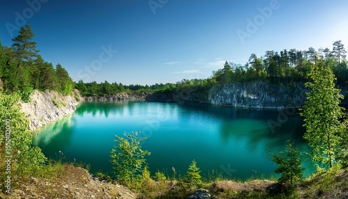 forest edge with a view of a quarry lake surrounded by forest landscape with a clear lake on the site of an old stone quarry