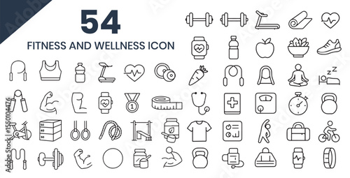 Collection of 54 fitness and wellness icons for healthy lifestyle and sports activities