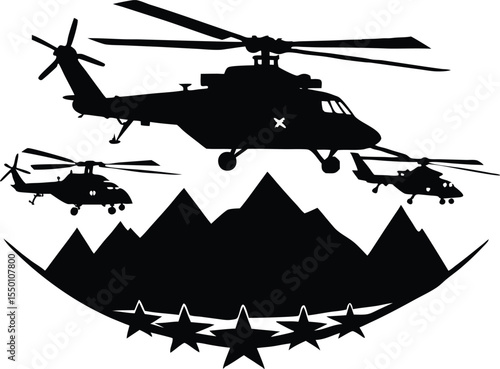 Military Helicopter Flyover Silhouette Art, Army Helicopter in Air Show Silhouette