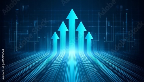 futuristic glowing blue arrows upward on digital background for web design tech branding business growth data concept abstract graphic illustration