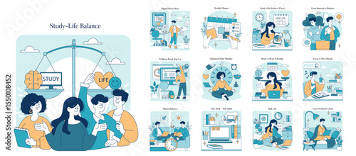 Study-Life Balance Concepts Illustrated with Characters