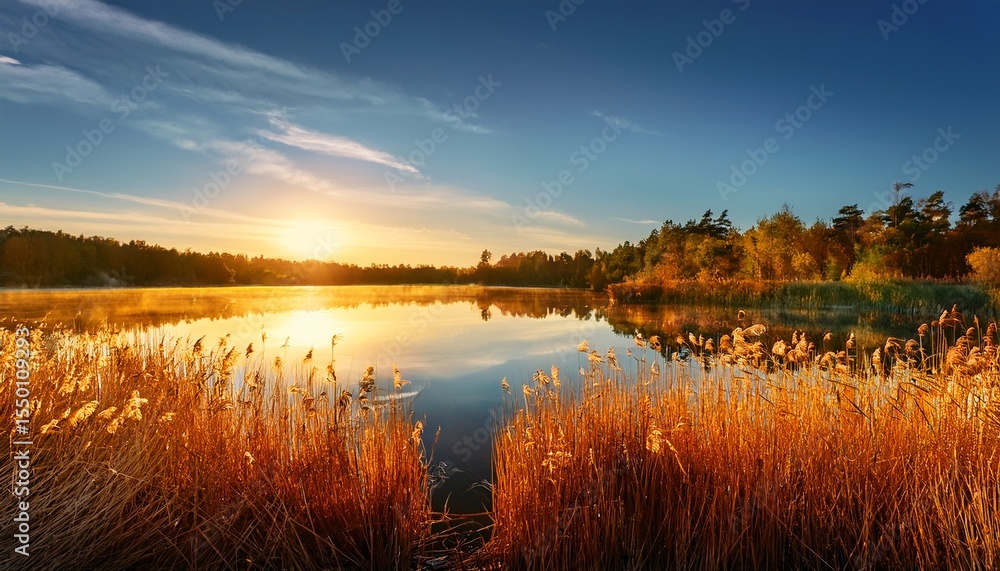 Obraz premium a picturesque quarry lake with reeds in the golden sunlight the bulrushes on the lake reed in a evening light on a calm lake