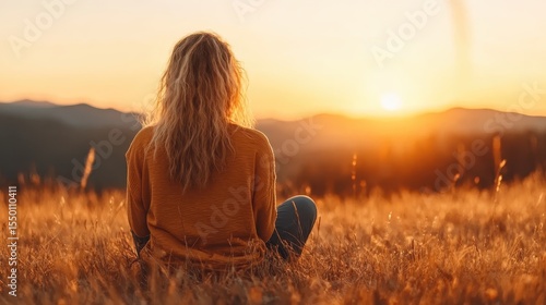 Wallpaper Mural A woman sits peacefully in a golden field, gazing at a breathtaking sunset, encapsulating tranquility and introspection amidst nature's stunning beauty during serene evening hours. Torontodigital.ca