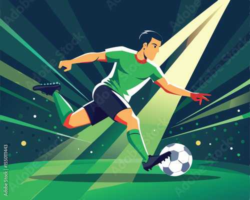 Dynamic action shot of a soccer player kicking a ball sports vector art design 