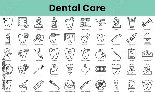 Set of dental care icons. Linear style icon bundle. Vector Illustration