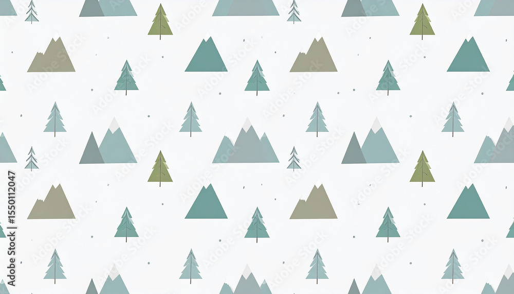 Obraz premium Seamless pattern of stylized teal and olive green mountains and evergreen trees on a white background with tiny scattered dots