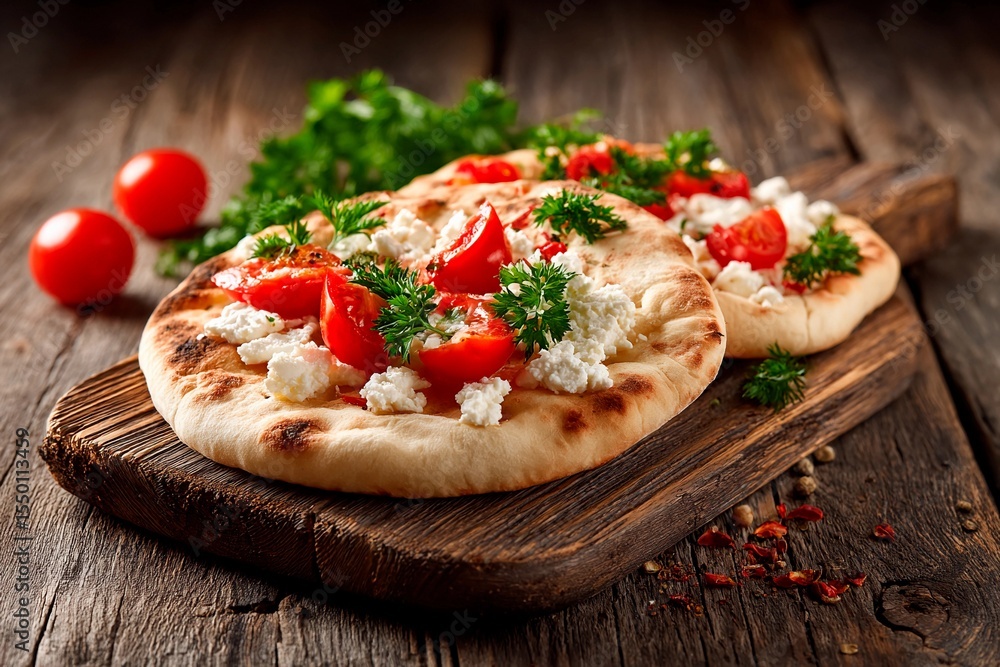 Flatbread is beautifully garnished with ripe red tomatoes, creamy cheese, and vibrant green herbs, sitting on a wooden cutting board with fresh tomatoes nearby Flatbread is beautifully garnished with ripe red tomatoes, creamy cheese, and vibrant green herbs, sitting on a wooden cutting board with fresh tomatoes nearby