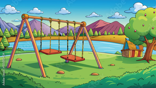 Empty wooden swing in a sunny park playground awaits childhood fun